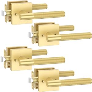 Asidrama 4 Pack Passage Gold Door Handles, Door Lever with Door Knobs Indoor for Bedroom or Bathroom, Heavy Duty Brushed Gold Door Handles Interior with Locks for Left Right Sided Doors