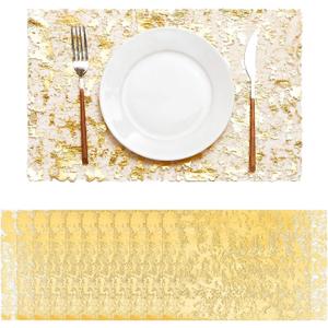 100 Pcs Gold Disposable Placemats 11 x 17 Inch Metallic Rectangle Doilies Elegant Gold Foil PlacematsThin Mesh Decorative Table Mats for Wedding Holiday Christmas