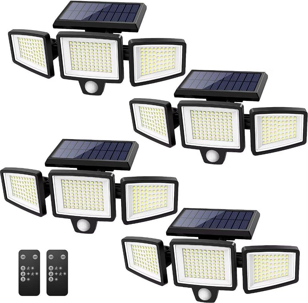 Tuffenough Solar Outdoor Lights 2500LM 210 LED Security Lights with Remote Control,3 Heads Motion Sensor Lights, IP65 Waterproof,270 Wide Angle Flood Wall Lights with 3 Modes(4 Packs)