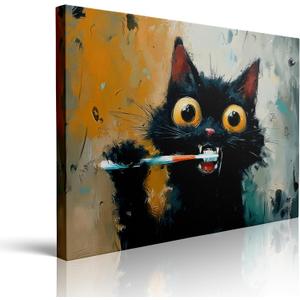 Whimsical Cat Framed Wall Art Canvas Toothbrush Bathroom Decor 16x24 Inches