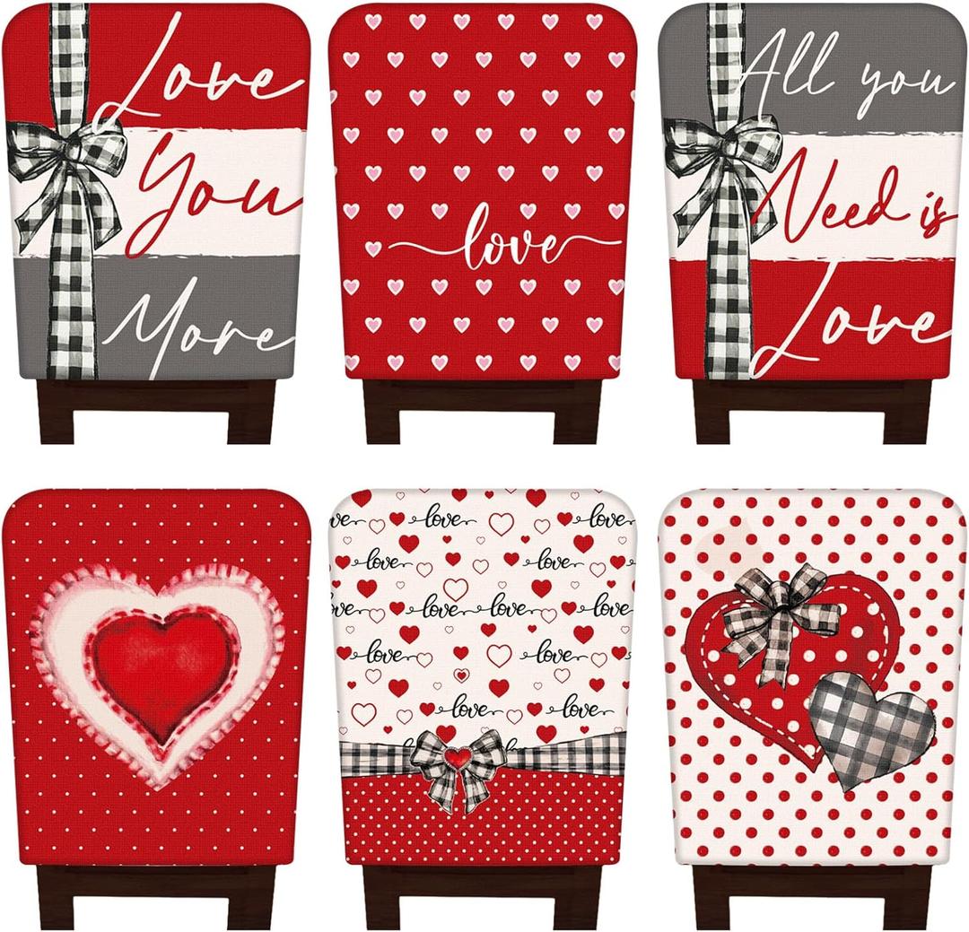 6 Pcs Valentines Day Chair Covers Valentines Dining Chair Back Covers Red Heart Love Buffalo Plaid Room Slipcovers Washable Seat Protector for Kitchen Home Anniversary Wedding Decorations