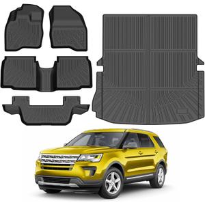 KUST Floor Mats Set for Ford Explorer 2015-2019 (7 Seats), All Weather Floor Liners & Rear Trunk Mat for Explorer Accessories Cargo Liner TPE Rubber Raised Edge