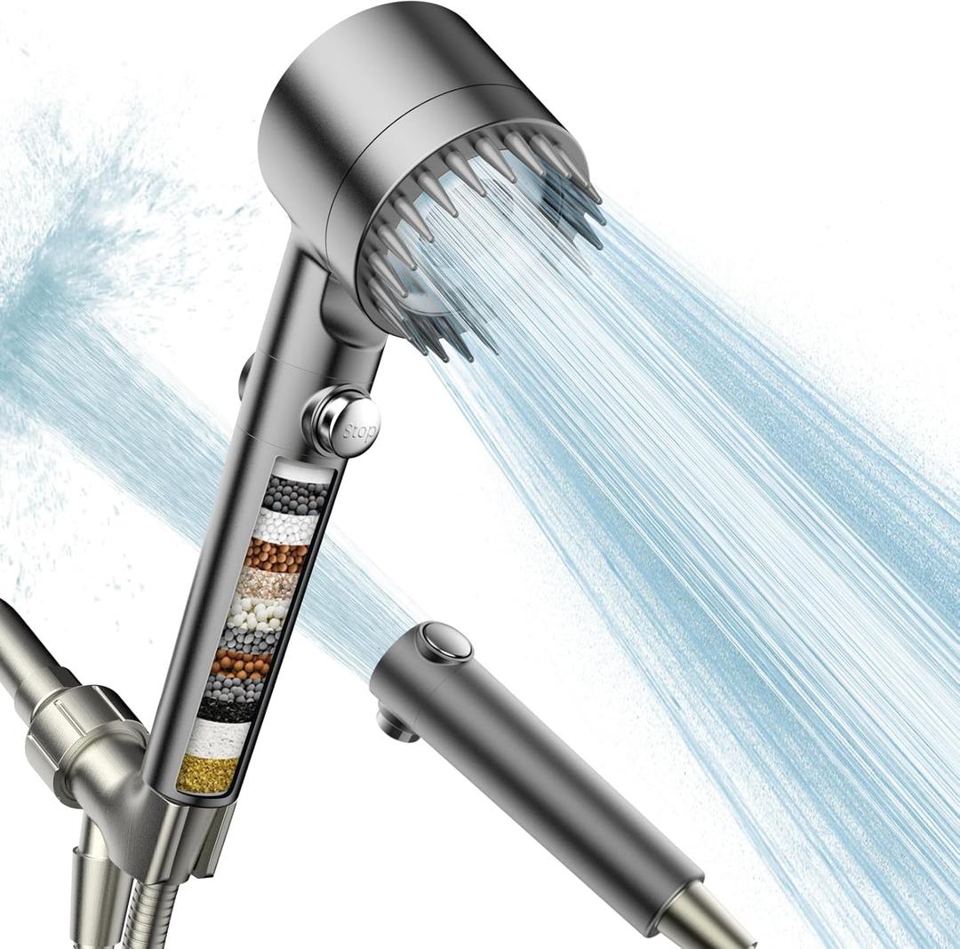 Filtered Shower Head with Handheld, High Pressure Water Flow and Multiple Spray Modes Shower Head with Filter, Power Wash for Hard Water, Showerhead with ON/OFF Switch for Pets Bath (Gray)
