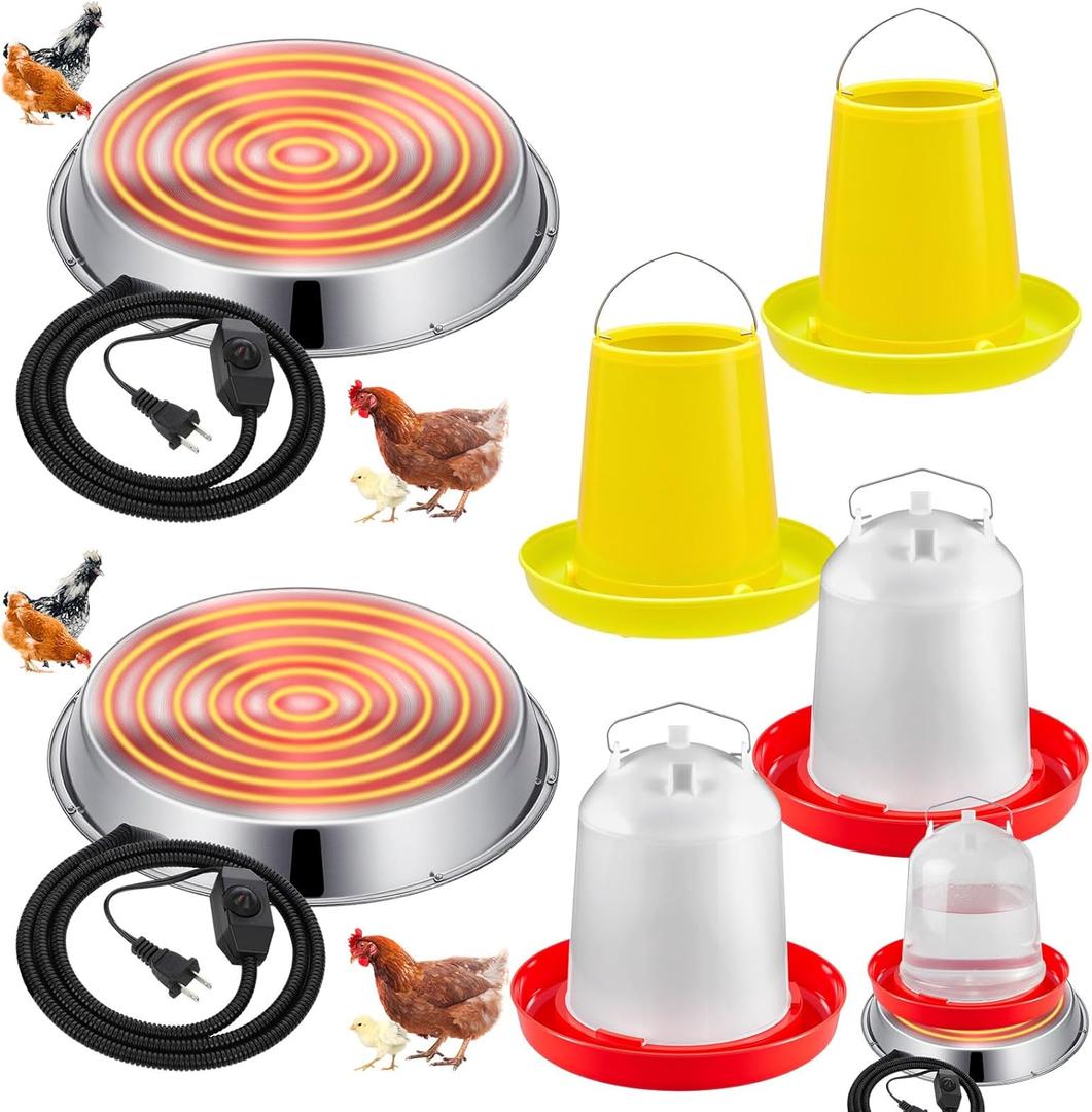 6 Pcs All-in-One Chick Brooder Kit with 48W Chicken Water Heated for Winter Chick Feeder and Waterer Set Poultry Waterer Heated Base Chicken Duck Goose