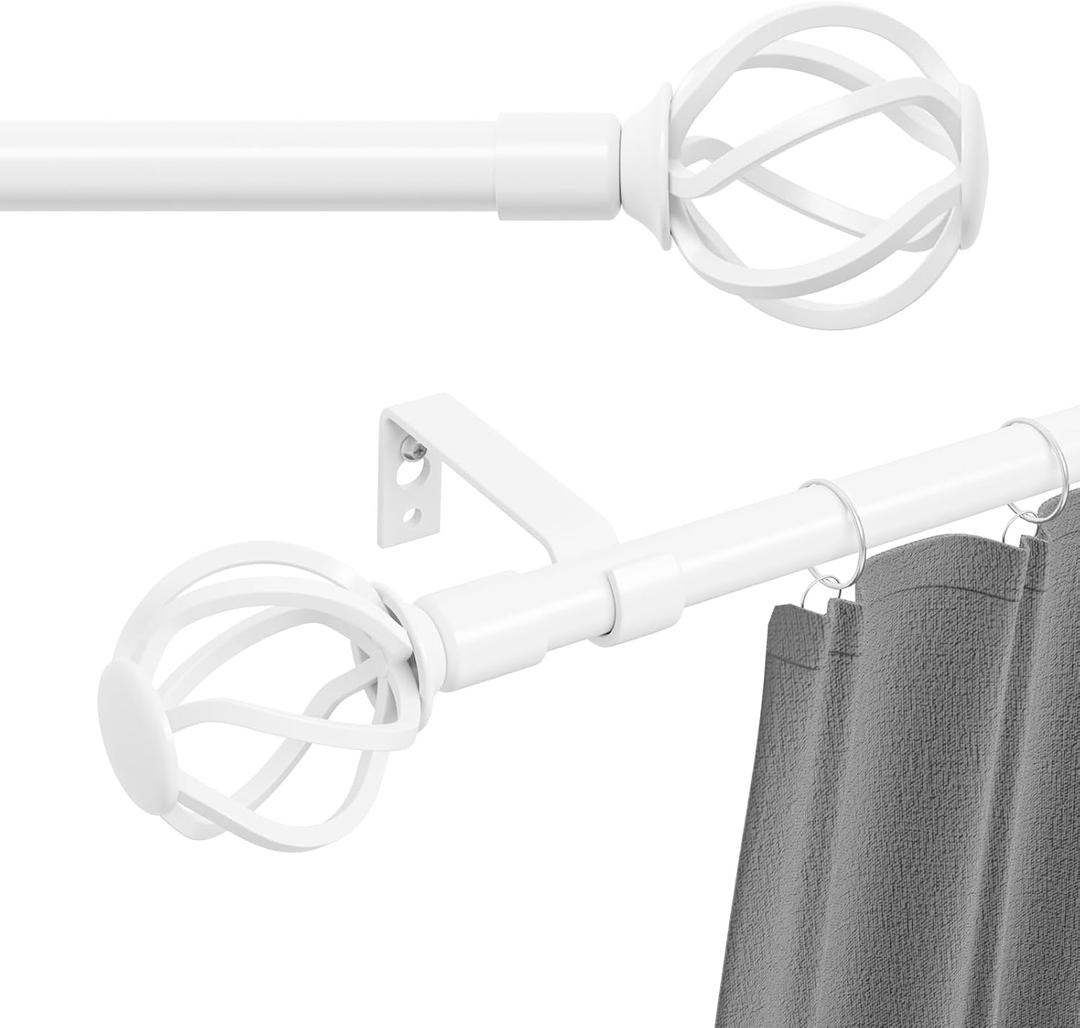 White Curtain Rods for Windows 66 to 120, Heavy Duty Curtain Rod Set with Cage Finials, 5/8" Diameter Decorative Curtain Rods for Outdoor Patio, Sliding Glass Door, Bedroom, Living Room