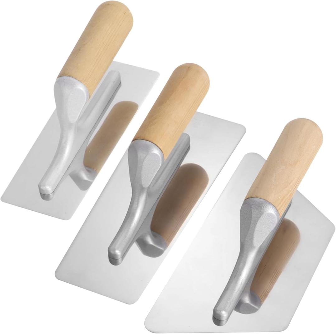 3 PCS Drywall Trowel Flat Finishing, Polished Venetian Masonry Trowel Set with Wood Handle, Stainless Steel Plastering Trowel for Sheetrock Wallboard Plasterboard