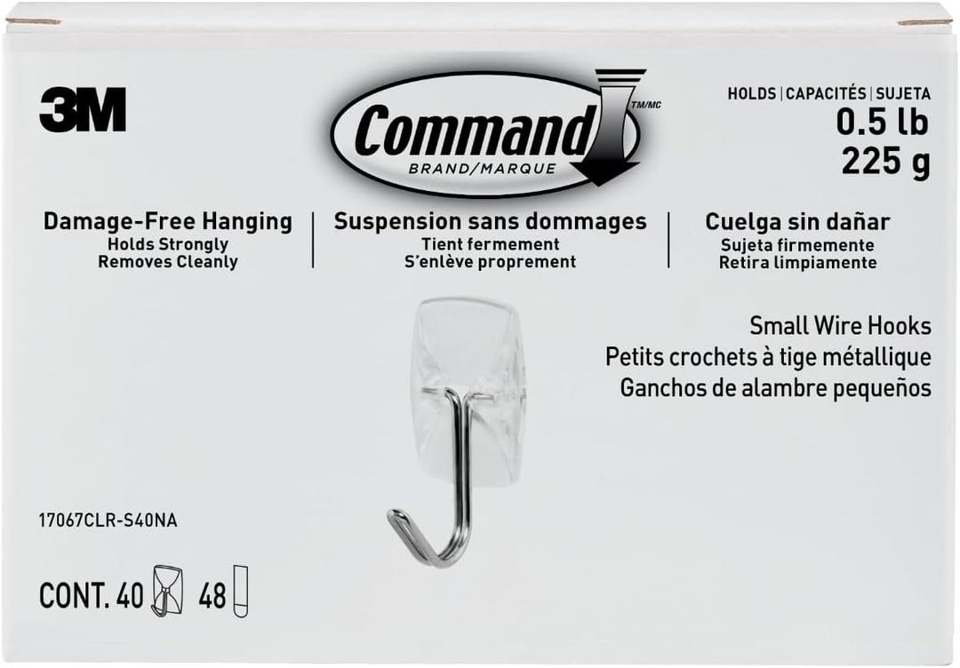 Command Small Clear Wire Toggle Hooks, 40 Wall Hooks and 48 Strips, Damage-Free Hanging with Adhesive, Great forHanging Christmas Decorations, Holds up to 0.5 lb