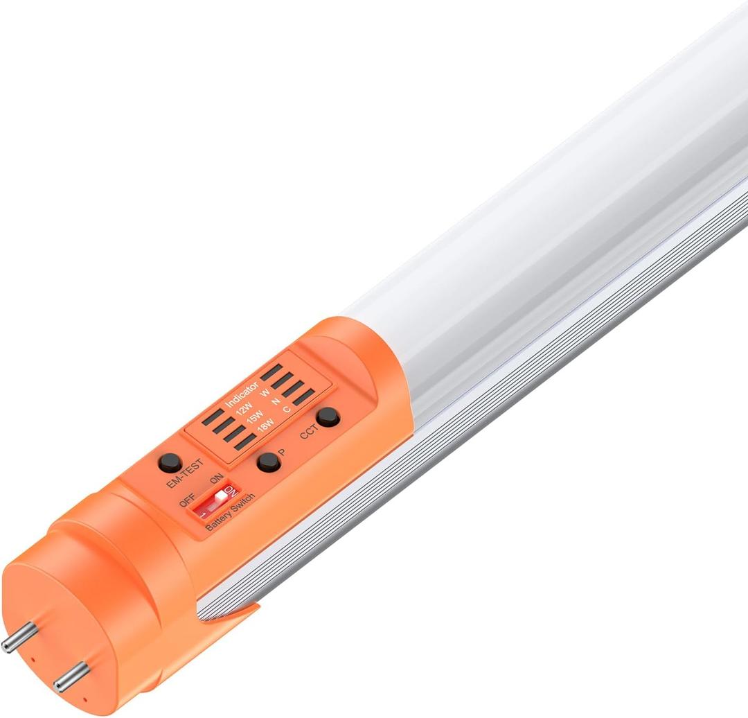 Emergency T8 LED Tube 4ft with Battery Backup, 3500K/4000K/5000K CCT and 12W/15W/18W Adjustable, Dual Ended G13 LED Bulb Integrate 5W 700LM 90min Emergency Lighting for Shop Garage Office, UL-Listed