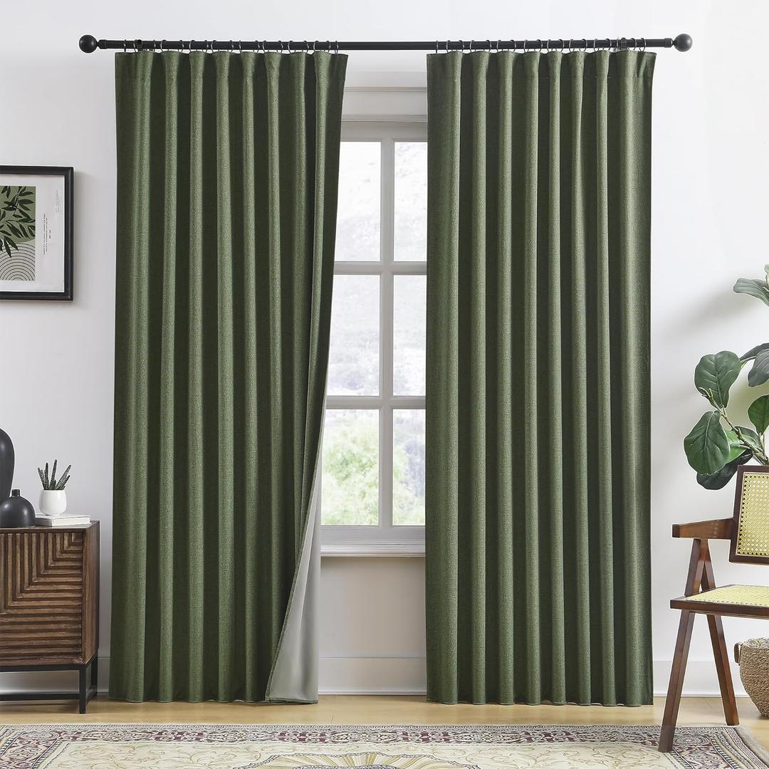 RAIN CITY Extra Wide Linen Blackout Curtains & Drapes with Hooks 70 in Width for 60&72 Inch Window 2 Panels,Back Tab Pleated Curtains for Track System Sliding Glass Door 70x90, Loden Olive Green