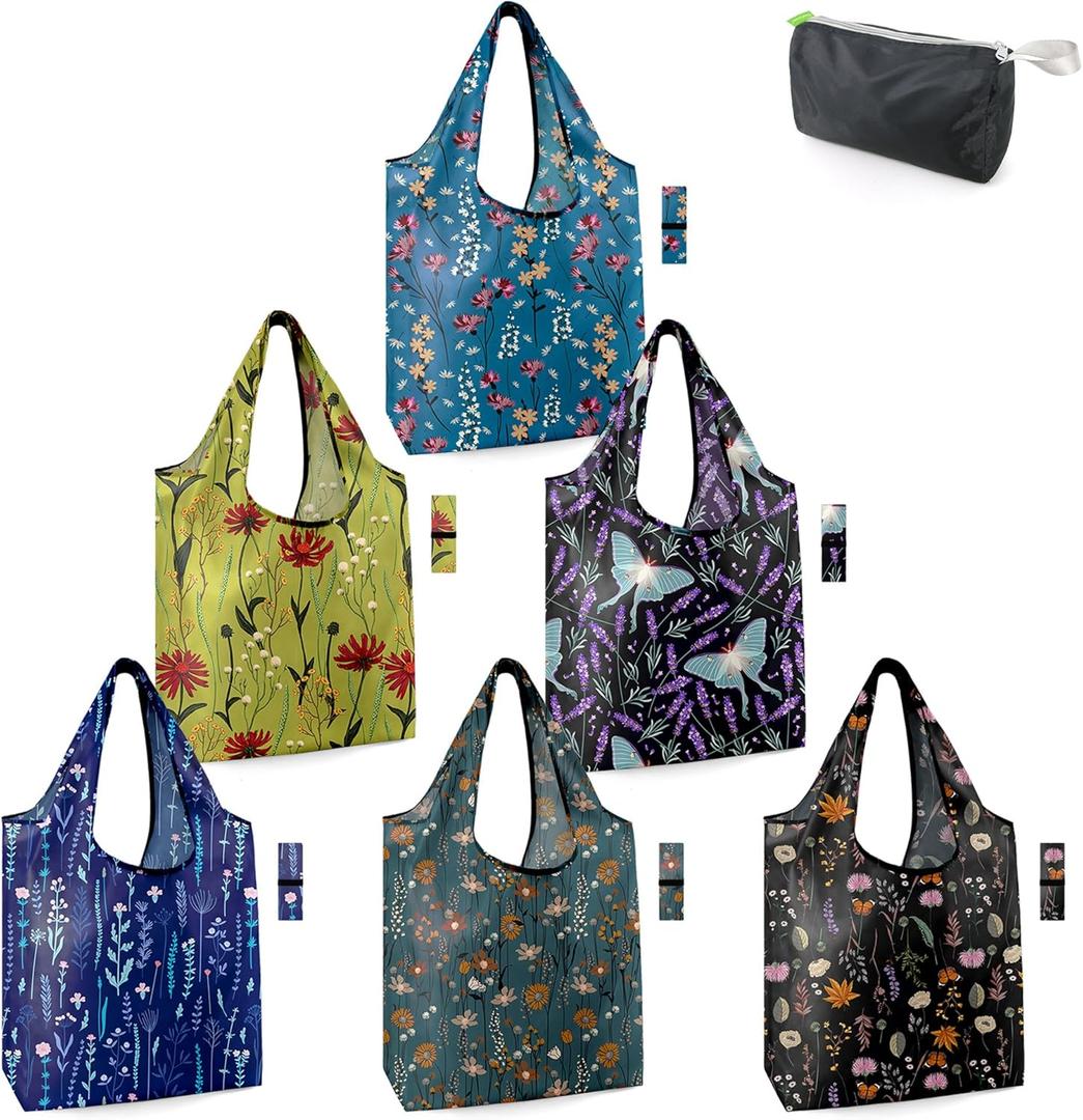 BeeGreen Aesthetic Tote Bags Flowering Shrub Gifts for Women Travel Floral Reusable Grocery Bags Shopping Bags Bulk 6 Pack 50LBS X-Large Foldable-Machine Washable (Blue Black Dark Green Yellow Purple)