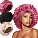 3Pcs Bonnets for Sleeping, Extra Satin Silk Bonnet for Sleeping Women with Tie Band for Curly Hair Jumbo Bonnet Braids (A-01-rose pink, black, champagne)