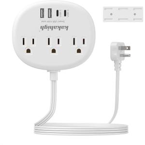 Power Outlet Relocator with Adhesive- 5 FT, 1625W Wall Mounted Extension Cord with 3 AC Outlet 4 USB (24W/4.8A), Peel and Stick Outlet for Easy Access to Low-Floor Socket