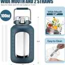 WINSA Large Glass Water Bottles with Stainless Steel Handle,100 oz Gallon Drinking Bottle with 2-in-1 Straw Lid,3 Liter Glass Water Jug with Silicone Sleeve,Wide Mouth,Dark Blue