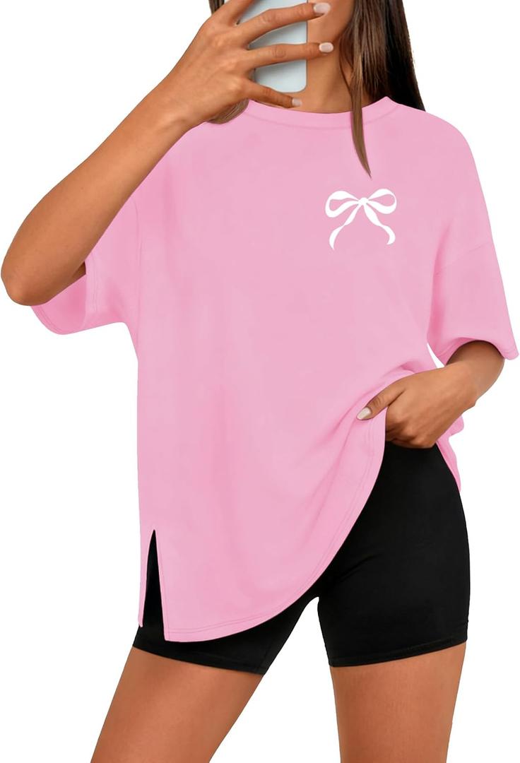 Dressmine Women's Summer Short Sleeve Graphic Loose Bow Side Slit Shirts Casual Office Work Blouse Tops, Size Small