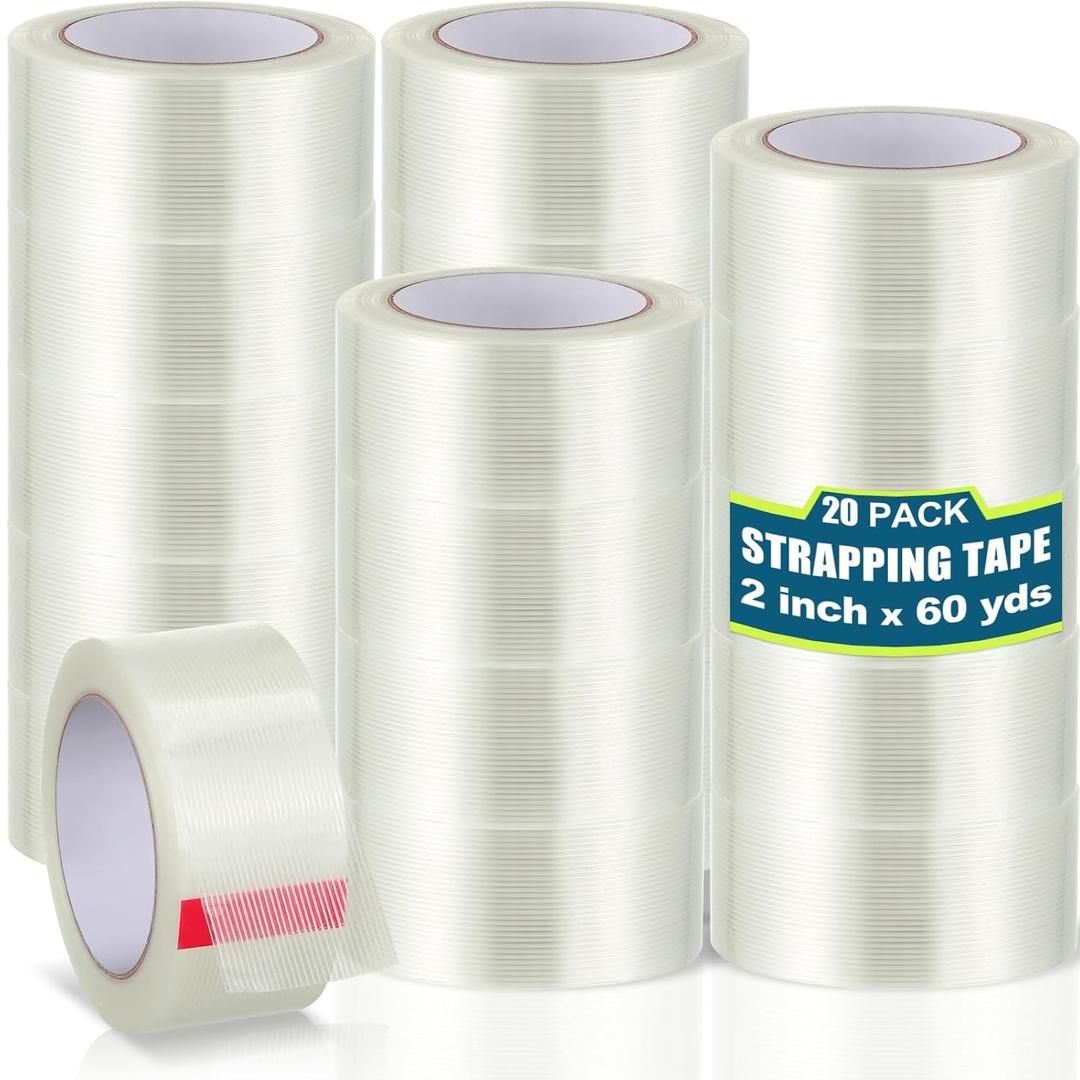 Treela 20 Rolls Strapping Tape 2 Inch X 60 Yards 5.5 Mil Fiberglass Filament Tape Transparent Reinforced Heavy Duty Packing Strips for Shipping Sealing Binding Fixing (2 Inch X 60 Yards)