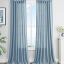 Blue Linen Pleated Curtains 108 Inch Long for Living Room Bedroom 2 Panel Light Filtering Privacy Semi Sheer Window Curtain Modern Farmhouse Coastal Decor Back Tab Clip Rings Drape for Large Window