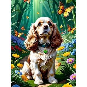 American Cocker Spaniel Diamond Art Painting Kits, Green Forest Dog DIY Round Full Drill Diamond Dots Paintings for Beginners Adults, 5D Paint Diamonds Pictures Gem Art Painting Kits 12x16 inch