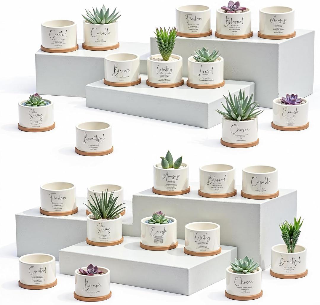 Fumete 24 Set Father's Day Christian Religious Gift Bulk Bible Verse Succulent Pots with Tray Drainage, 12 Scripture Quote, 3x2 in Mini Ceramic Flower Planter for Home Church Gift (Affirmation)
