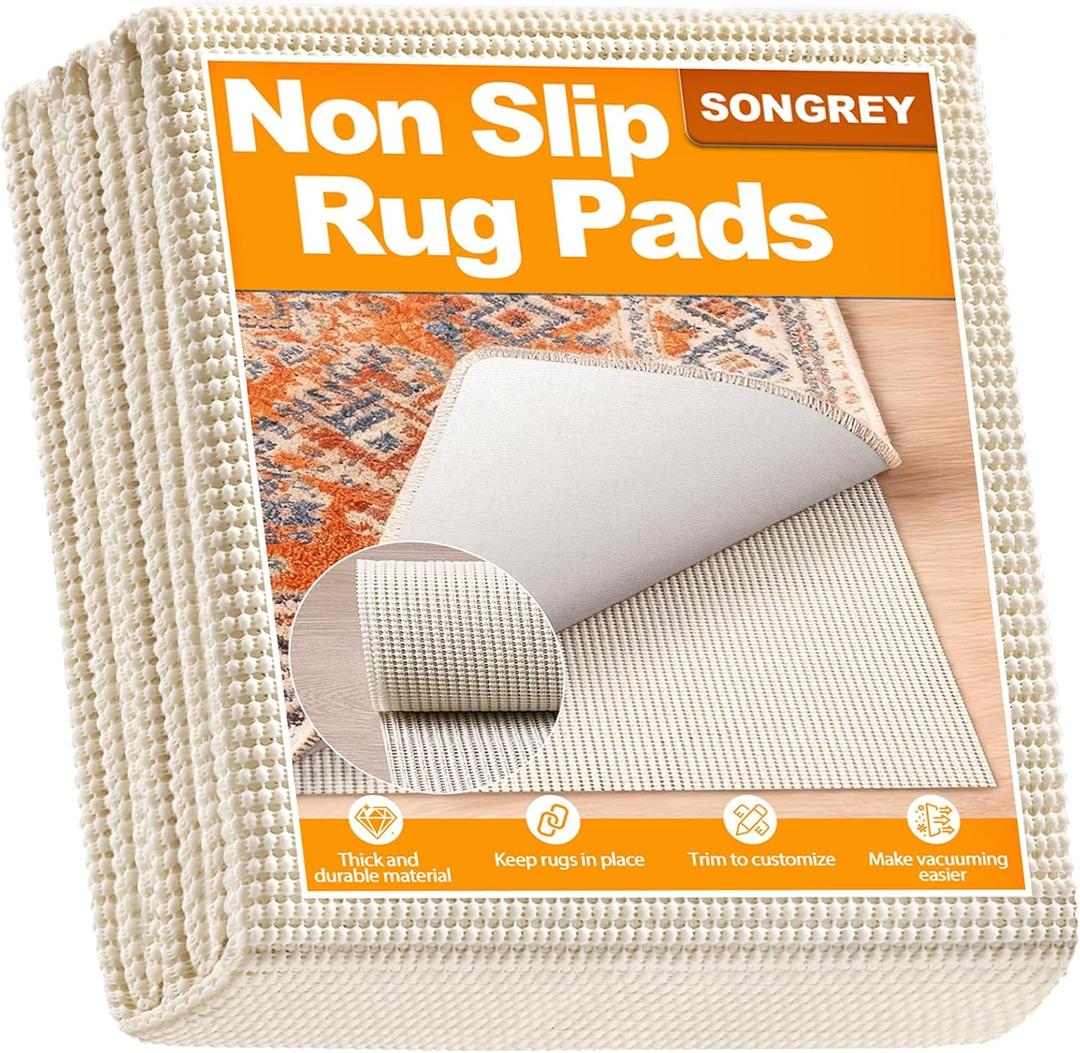 Songrey Non-Slip Rug Pad 8x10 FT, Extra Thick Carpet Pads for Hard Surfaces, Prevents Sliding and Secures Rugs, Provides Floor Protection with Comfort Cushioning (White)