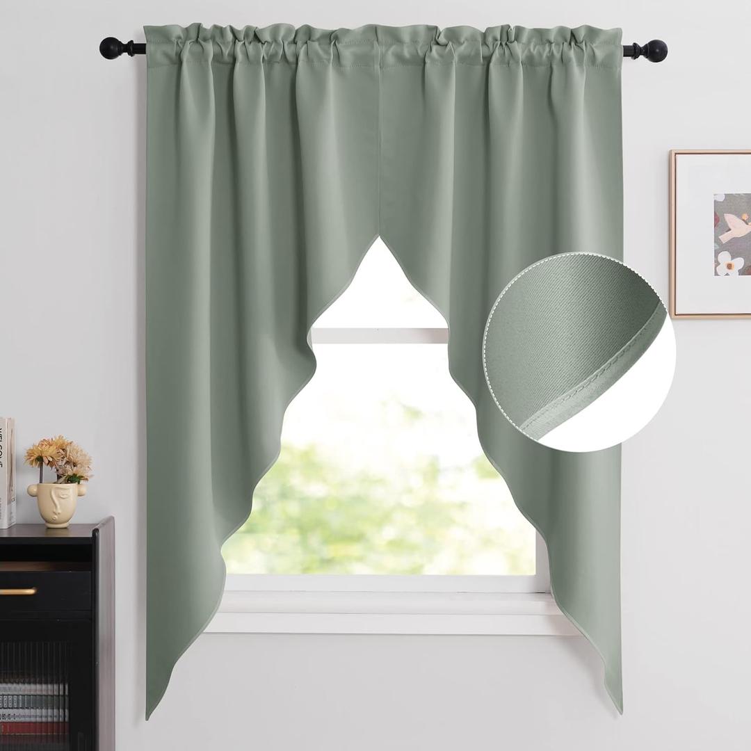 NICETOWN Kitchen Curtains - Room Darkening Thermal Insulated Thick Soft Swag Curtains, 2 Panels, 36" x 63", Greyish Green