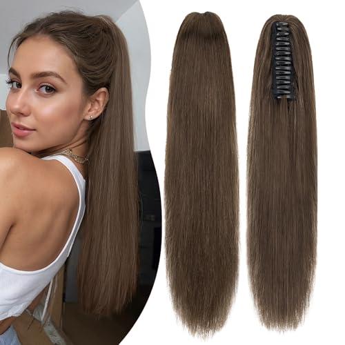 Rich Choices Claw Clip Ponytail Extension Human Hair Real Hair Ponytail Extension Balayage Chocolate Brown Clip In Long Ponytail Hair Extensions Straight For Women #2R 16 Inch