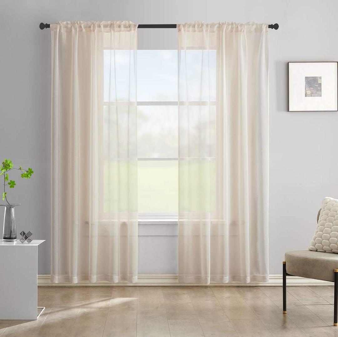 Beige Semi Sheer Curtains 72 Inches Long Faux Linen Curtain Beige Sheers Curtain for Bedroom Living Room Girls Kids Room 2 Panels 52x72