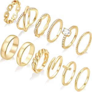 FAXHION 12 PCS Dainty 14K Gold Rings for Women, Eternity Open Chunky Twist Simulated Diamond Criss Cross Designs, Non Tarnish Gold Plated Stacking Thumb Ring, Perfect for Wedding Bands, Size 10
