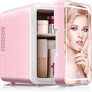Reemix Skincare Fridge, 6L Makeup Mini Fridge With Dimmable LED Light Mirror for Bedroom, Car, Office & Dorm, Cooler & Warmer, Small Refrigerator for Cosmetics, Skin Care and Food (6L Mirror, Pink)