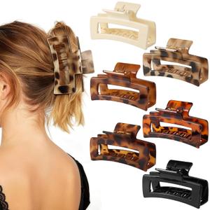 Auseibeely 6 Pack 4.1 Inch Large Claw Clips for Thick Hair, Big Tortoise Shell Claw Clip for Hat, Square Hair Clips for Thick/Long/Curly Hair, Strong Hold Non-slip Baseball Jaw Clip Accessories
