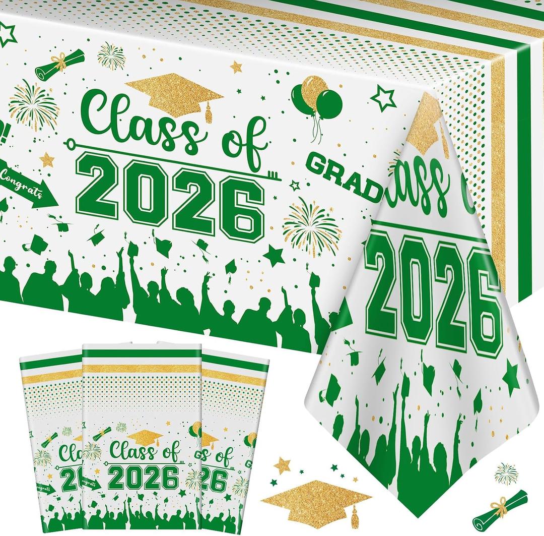 10 x Graduation Decorations Class of 2026 Tablecloth - 3 Pcs Plastic Congrats Grad Table Cloth, Graduation Table Cover for Graduations Party Decorations 2026 and Party Supplies, 54"x108" (Green and Gold)