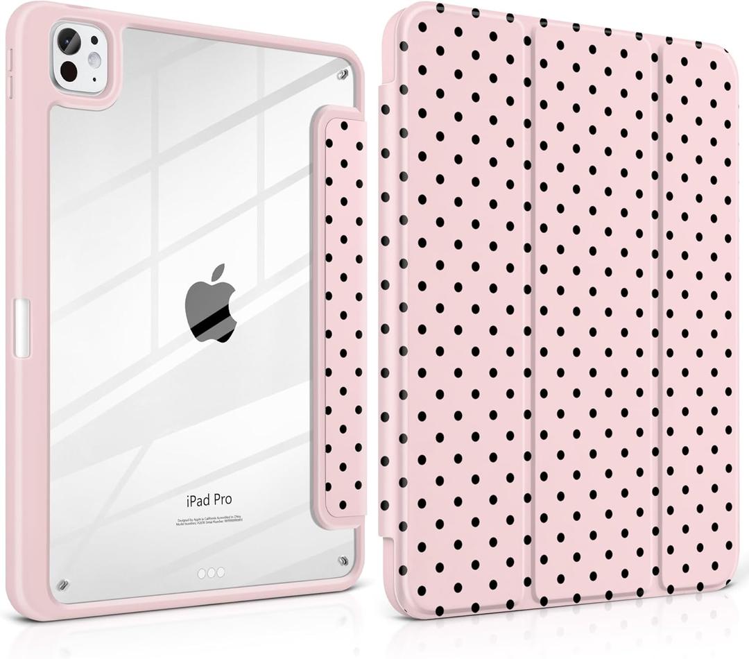 Case for iPad Pro 13 Inch (M5 2025 M4 2024) – [Built-in Pencil Holder], Shockproof & Stylish, Clear Hard Back + Soft TPU Edge, Magnetic Trifold Stand, Auto Wake/Sleep, Pink Polka dot