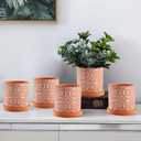 Jucoan 2 Pack Terracotta Plant Pot, 5'' Red Clay Planter Pot with Boho Flower Pattern, Ceramic Cactus Flower Planter Succulent Pot with Drainage Hole and Saucer for Indoor Outdoor Plant