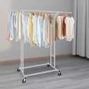 Fishat Silver Heavy Duty Double Rod Garment Clothes Rack for Hanging Clothes Chrome, Commercial Rolling Organizer Commercial Metal with Lockable Wheels Mobile for Coats Dresses