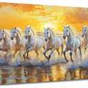 LZIMU Horses Wall Art 7 White Horses Running Picture Wildlife Painting Sunrise Wild Animals Canvas Prints Sunset Nature Landscape Poster Modern Artwork Home Decor (Gold, (20L x 40W))
