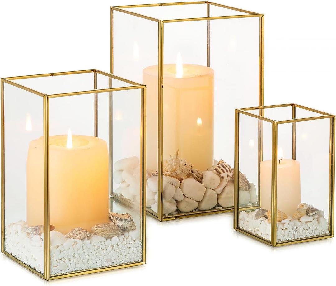 NUPTIO Hurricane Glass Candle Holders: 3Pcs Gold Lanterns Candle Holder for Pillar Candles Geometric Table Centerpiece for Outdoor & Indoor Wedding Christmas Holiday Party Decor 8.1 & 6.5 & 4.7 inch