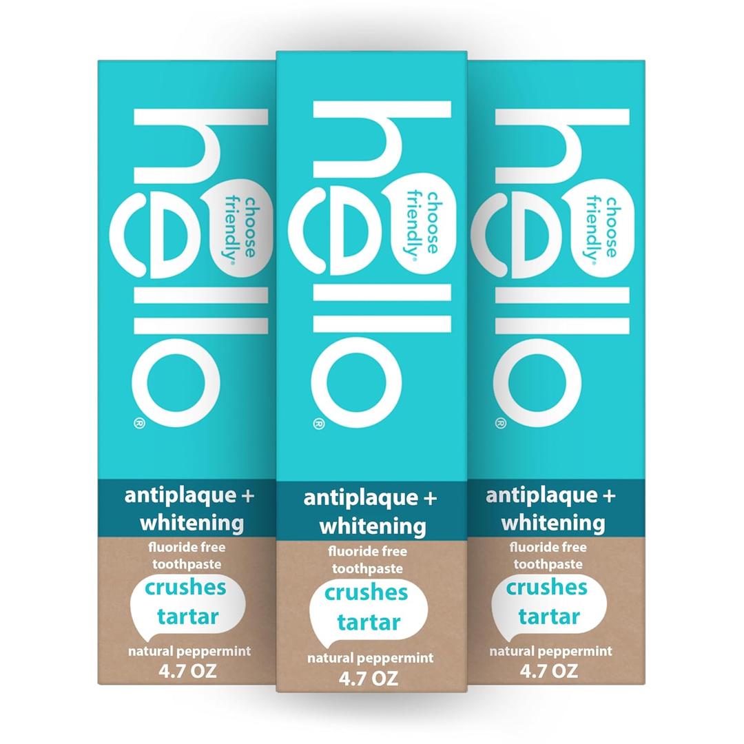 hello Antiplaque and Whitening Fluoride Free Toothpaste, Whitening Toothpaste with Coconut Oil and Tea Tree Oil, Helps Whiten Teeth, Natural Peppermint, 3 Pack, 4.7 Oz Tubes