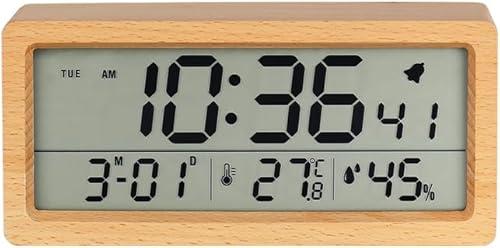 CYMNER Wooden Alarm Clock for Bedroom, Small Digital Clock Battery Operated, Desk Clock with Extra Long Life, Temperature and Humidity Date Display, Alarm Clock for Heavy Sleepers (Beech Yellow)