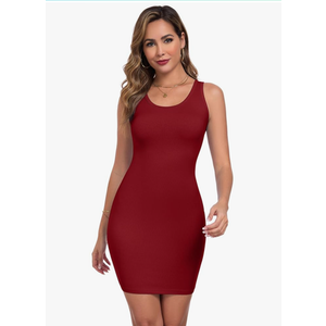 Qaffier Women's Mini Dress Summer Tank Dress Ribbed Crew Neck Sleeveless Basic Bodycon Mini Dresses, Size L, Red