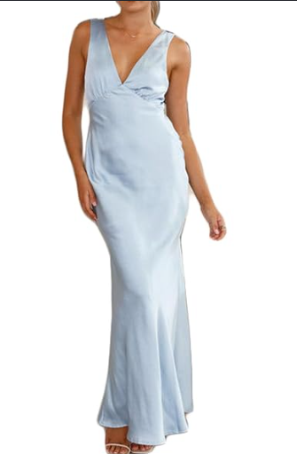 Gmeitoey Summer Satin Formal V Neck Backless Maxi Dress, Baby Blue, Small