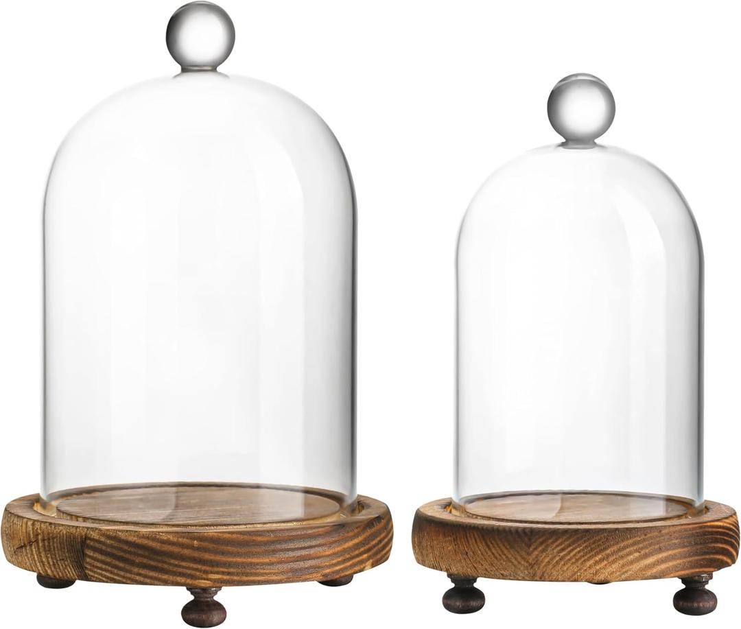 ZEERSHEE Pack 2 Clear Glass Dome with Wooden Base Glass Display Cloche Bell Shape Dome for Antique Collectibles Specimens Plants Dustproof Christmas Gift for Women