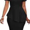 Women's Fashion Peplum Bodycon Short Sleeve Work Dresses Bow Club Ruffle Pencil Formal Cocktail Dress (Large, Black)