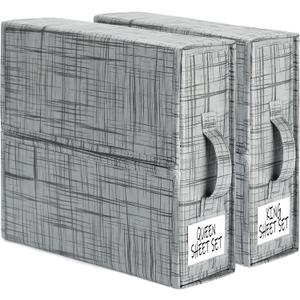 SUOCO SheetCube Bed Sheet Organizers and Storage 2 Pack, Foldable Linen Closet Organizer, Bedding Folder Storage Box Container for Blanket, Duvet Cover Set, Bed Sheet Set - Pattern Grey