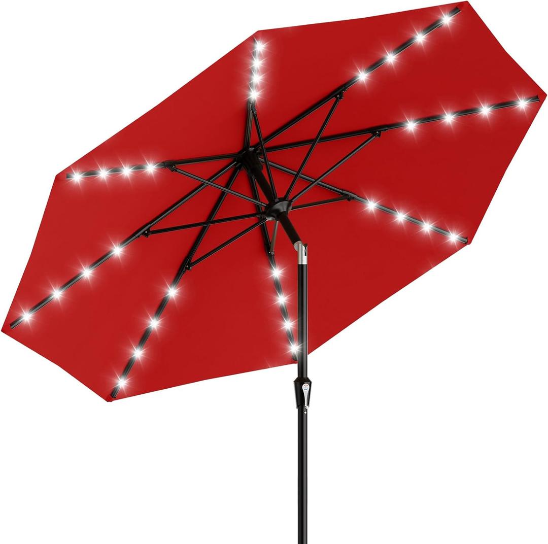 AreShark 9FT Patio Umbrella with Solar Lights, 32 Lighted Pool Umbrella w/Tilt and Crank, Outdoor Market Solar Umbrellas for Garden, Deck, Backyard, Pool and Beach, Red