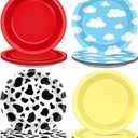 48Pcs Cartoon Story Birthday Party Paper Plates for Toy Inspire Game Story Party Supplies 7" Cow Print Sky Blue Cloud Birthday Party Disposable Plates for Kids Birthday Baby Shower Party Decorations
