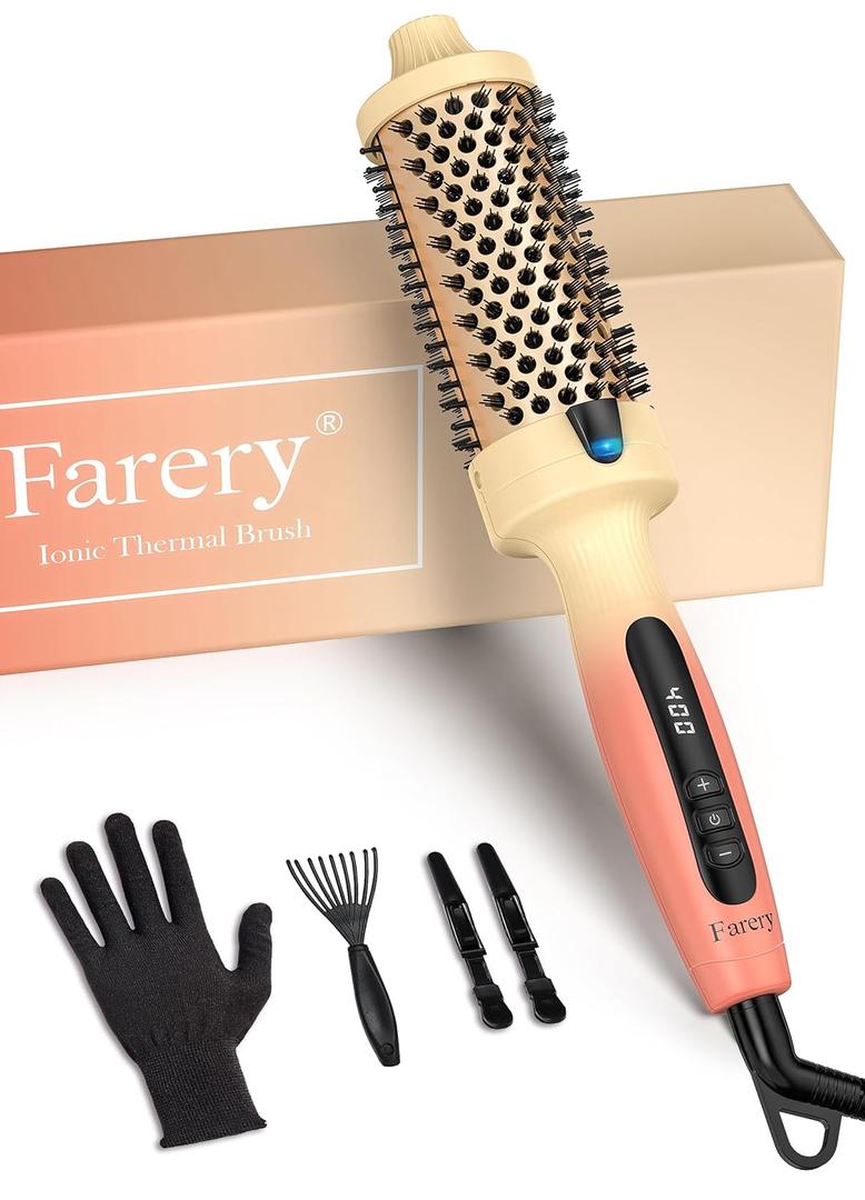 Farery 1.77-Inch Thermal Brush - Ceramic Ionic Heated Round Brush for 90's Full-Bodied Style, Volumizing, Smooth Hair & Natural Curls, Dual MCH Heating, Digital Display, 9 Temperature, Dual Voltage