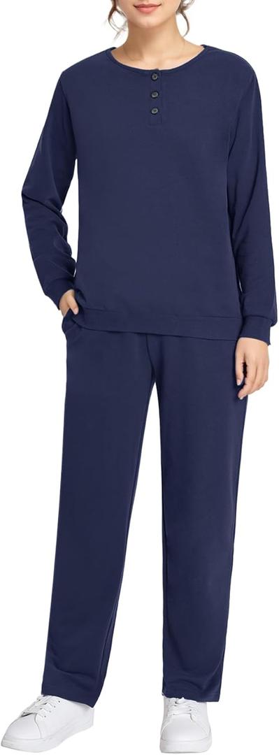 Weintee Women's Petite Sweatsuits Button Down Sweatshirt and Sweatpants Sets Cotton Jogging Suits (Navy), M