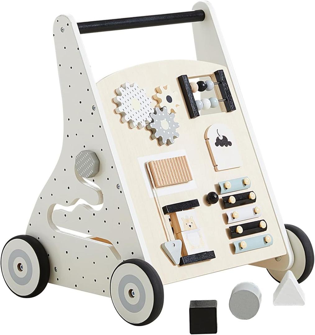 Beright Wooden Baby Walker Push and Pull Learning Activity Walker Kids Activity Toy Multiple Activities Center Develops Motor Skills & Stimulates Creativity (Natural)