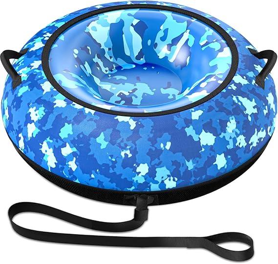 Toffos 57" Snow Tube with Premium Nylon Cover, Heavy Duty Snow Sled for Kids and Adults with Thickened Bottom, Inflatable Cold Resistance Sledding Toboggan Winter Outdoor Skiing Fun Toys
