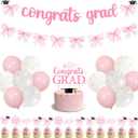 Pink Bow Graduation Decorations Congrats Grad Decorations Banner Garland Cake Cupcake Toppers Balloons for Girl Class of 2026 Graduations Party Decorations