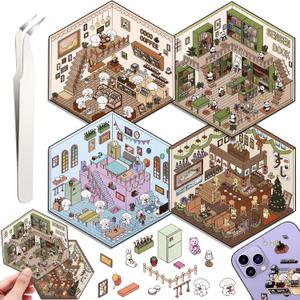8 x DIY 3D House Stickers, 4 Set Fun DIY Stickers Scene Make Your Own Warm Home, Supermarket, Coffee Shop, Music Bar, Cute 3D Cartoon Scene Sticker for Adult Kids Relief Stress Pass The Time (SY1.0), 20*15*1cm